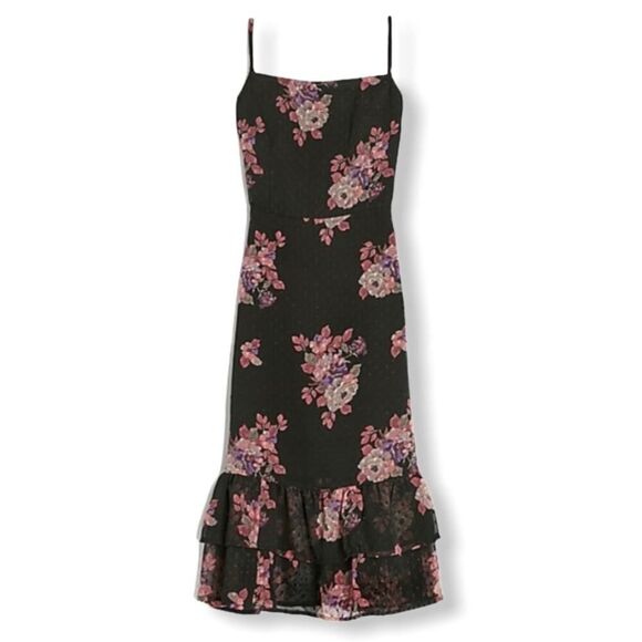 Express Black Floral Clip Dot Tiered Midi Dress